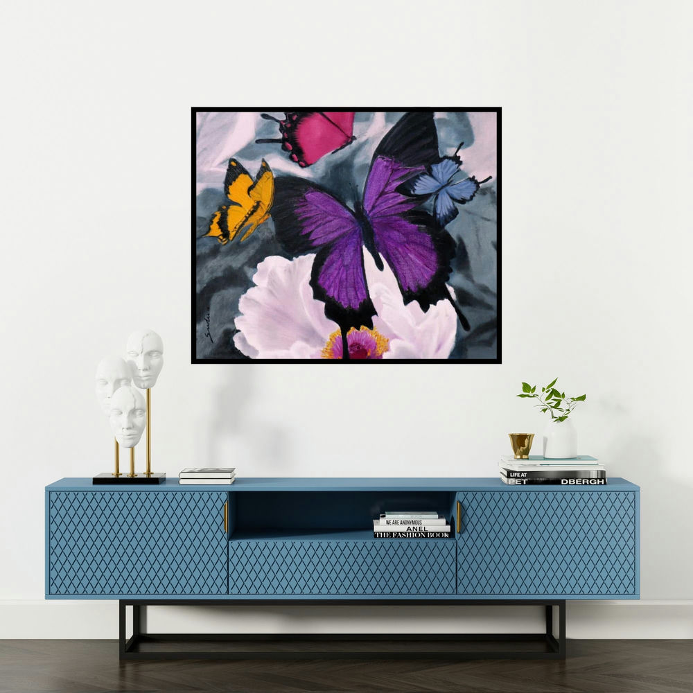 Sulakshana Dharmadhikari's 'Flower With Butterfly' painting visualized above a sofa in a contemporary room.