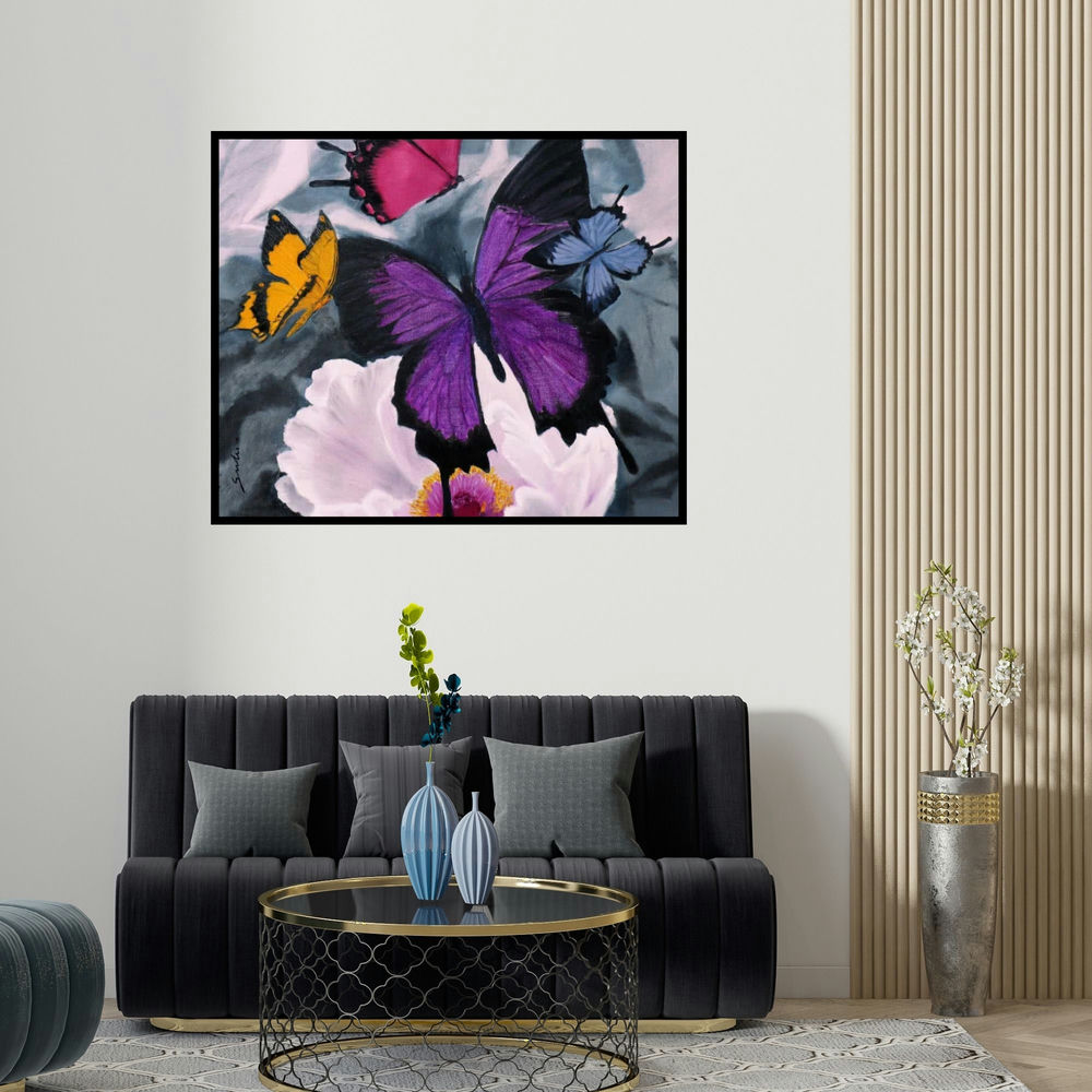 'Flower With Butterfly' painting by Sulakshana Dharmadhikari shown on a wall in a furnished room.
