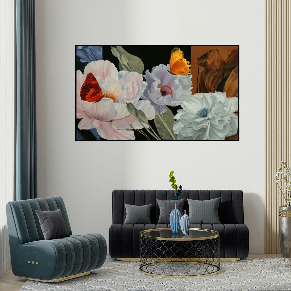 Sulakshana Dharmadhikari's 'Flower With Butterfly 5' painting visualized above a sofa in a contemporary room.