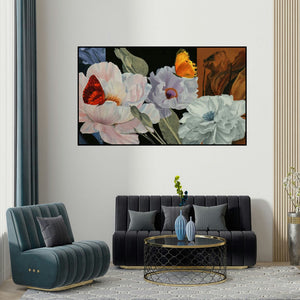 Sulakshana Dharmadhikari's 'Flower With Butterfly 5' painting visualized above a sofa in a contemporary room.