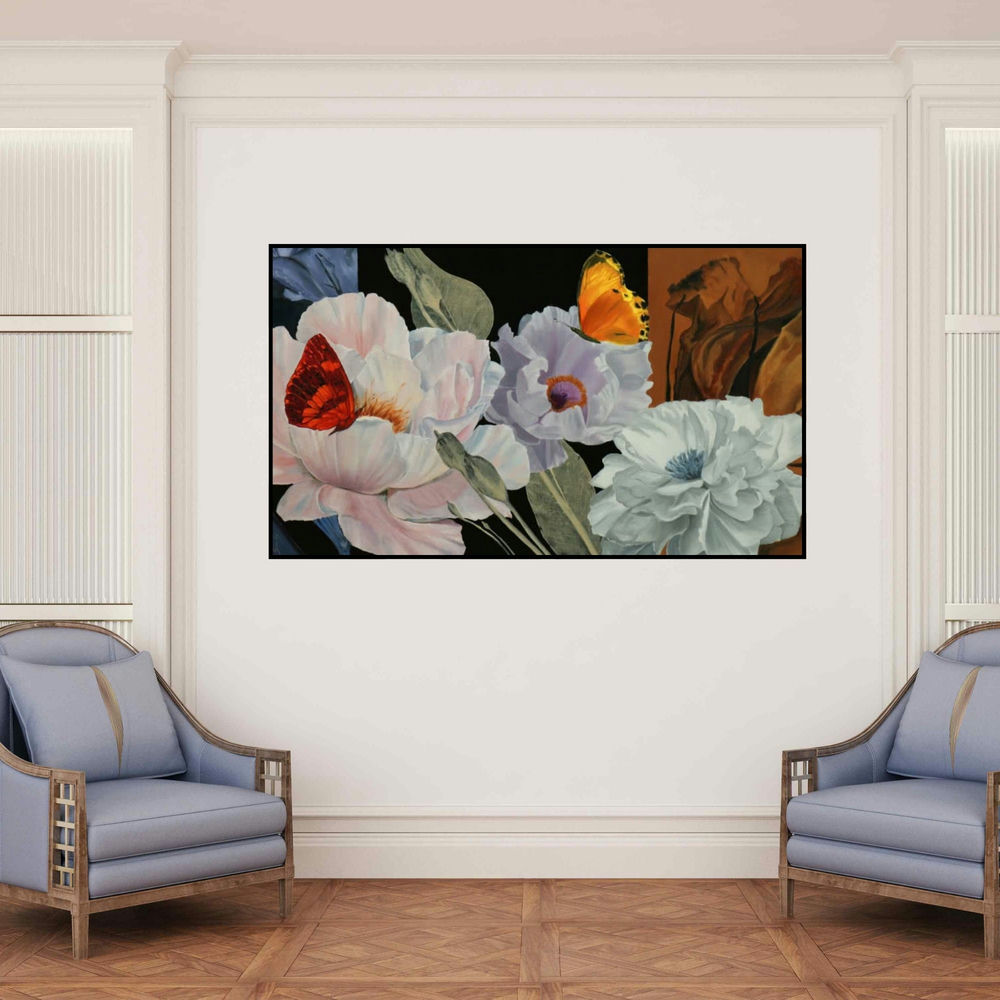 'Flower With Butterfly 5' painting by Sulakshana Dharmadhikari shown on a wall in a furnished room.