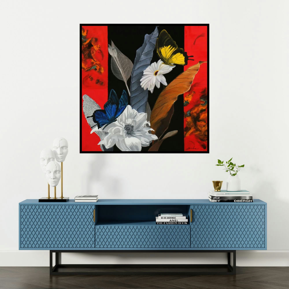 'Flower With Butterfly 7' painting by Sulakshana Dharmadhikari shown on a wall in a furnished room.