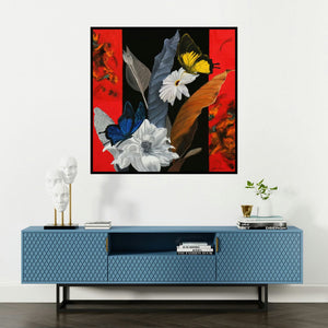 'Flower With Butterfly 7' painting by Sulakshana Dharmadhikari shown on a wall in a furnished room.
