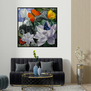 Sulakshana Dharmadhikari's 'Flower With Butterfly 9' painting visualized above a sofa in a contemporary room.