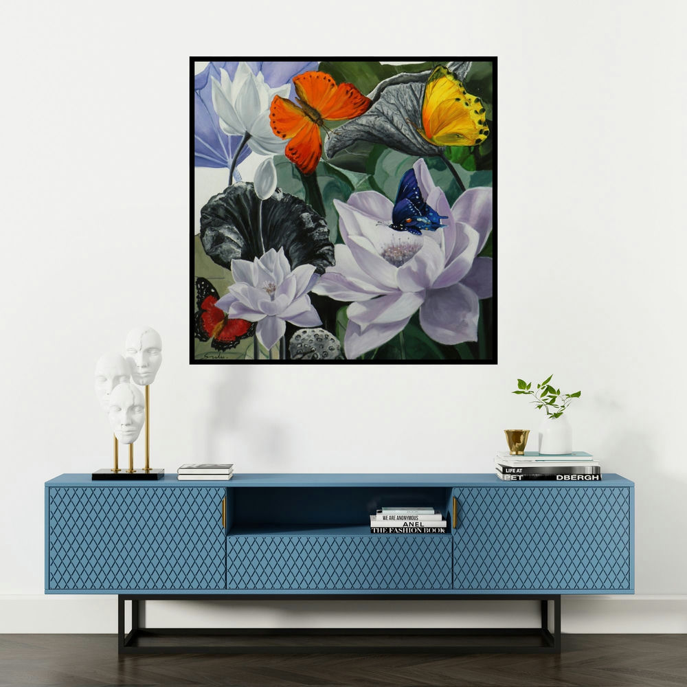 'Flower With Butterfly 9' painting by Sulakshana Dharmadhikari shown on a wall in a furnished room.