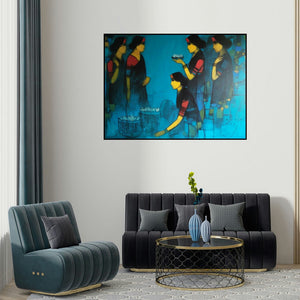 Sachin Sagare's 'Flower Girls Blue' painting visualized above a sofa in a contemporary room.