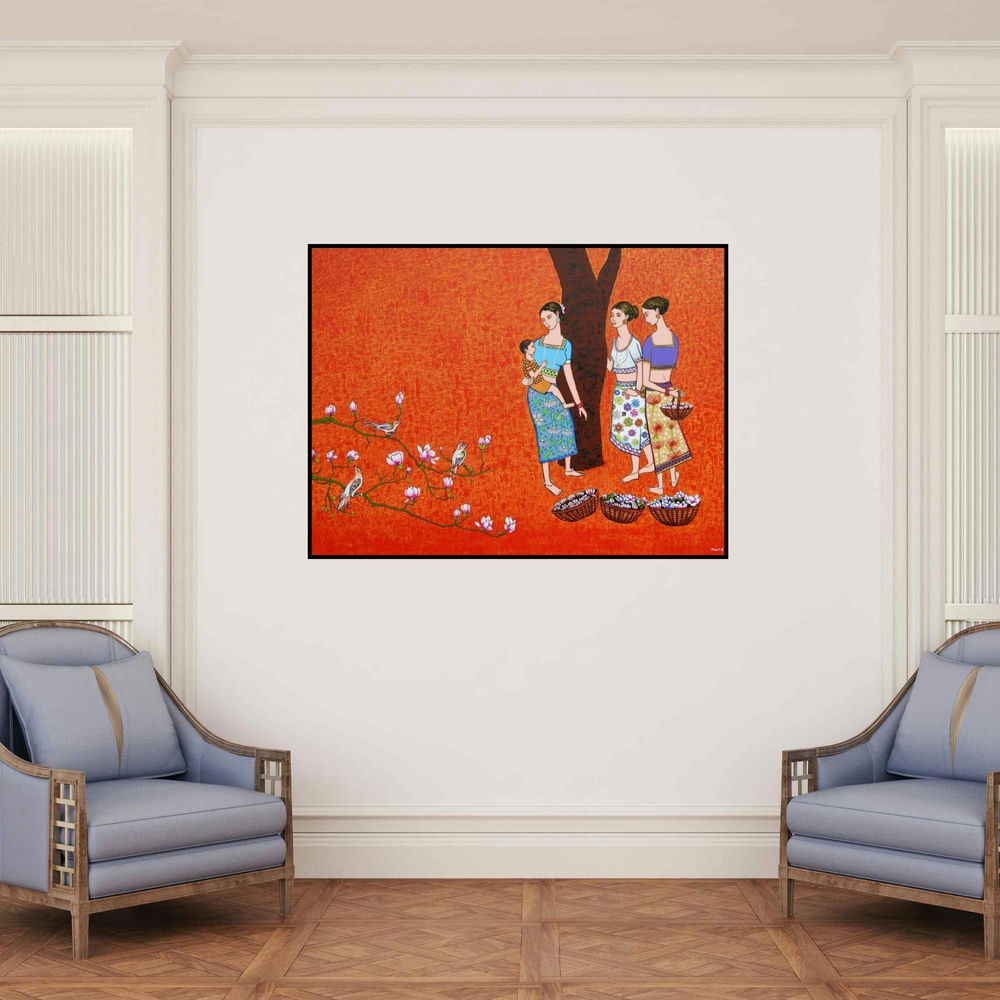 'Flower Happiness' painting by Deepali S shown on a wall in a furnished room.