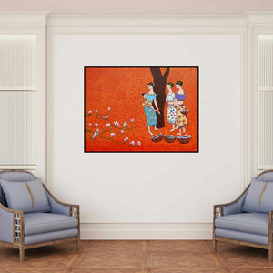 'Flower Happiness' painting by Deepali S shown on a wall in a furnished room.