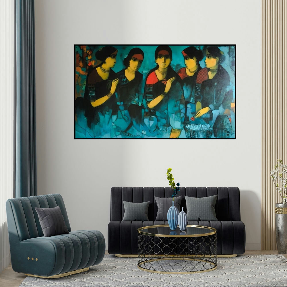 Sachin Sagare's 'Flower Seller 3' painting visualized above a sofa in a contemporary room.