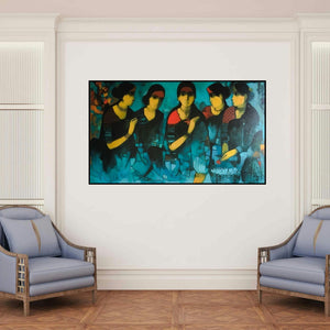 'Flower Seller 3' painting by Sachin Sagare shown on a wall in a furnished room.