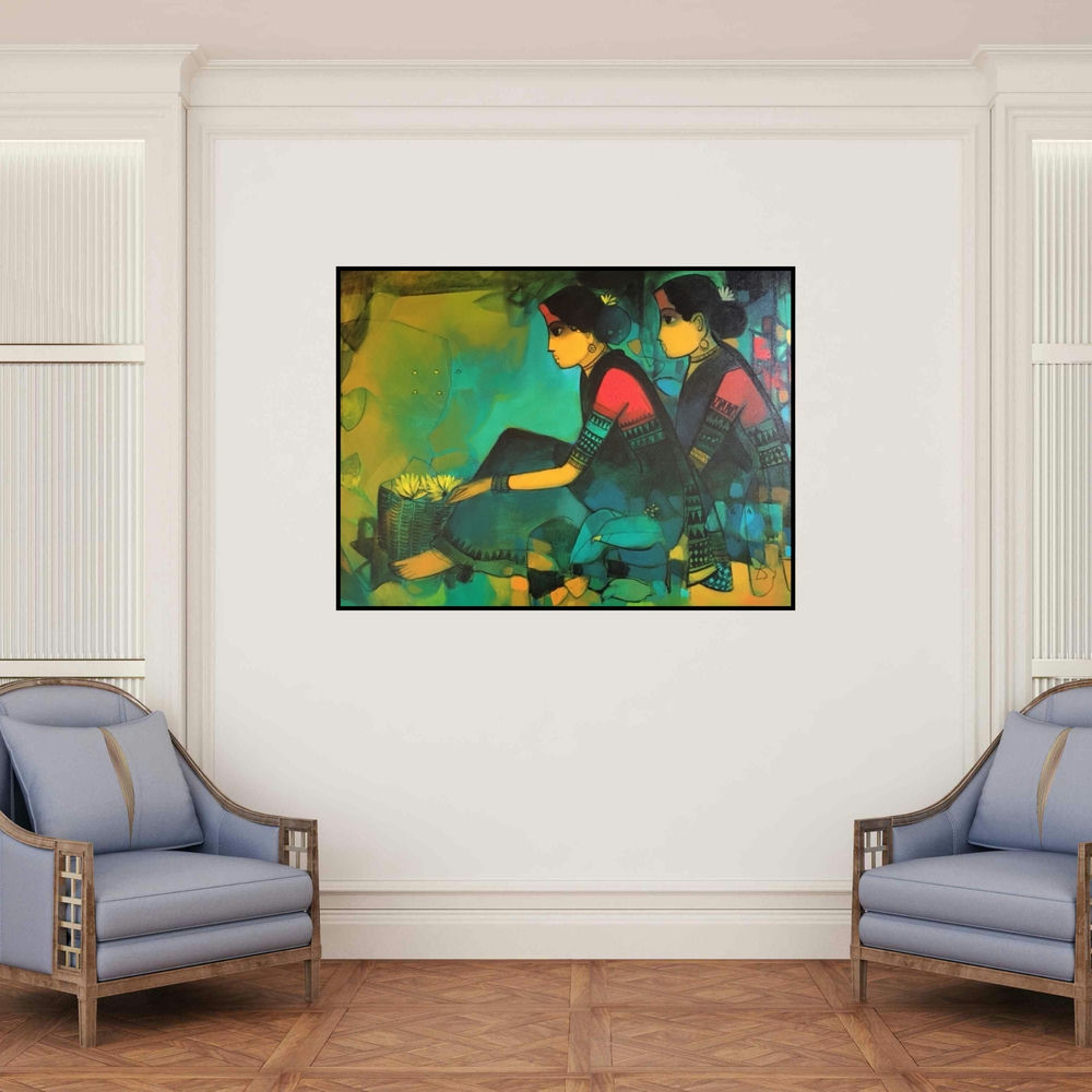 'Flower Seller 4' painting by Sachin Sagare shown on a wall in a furnished room.