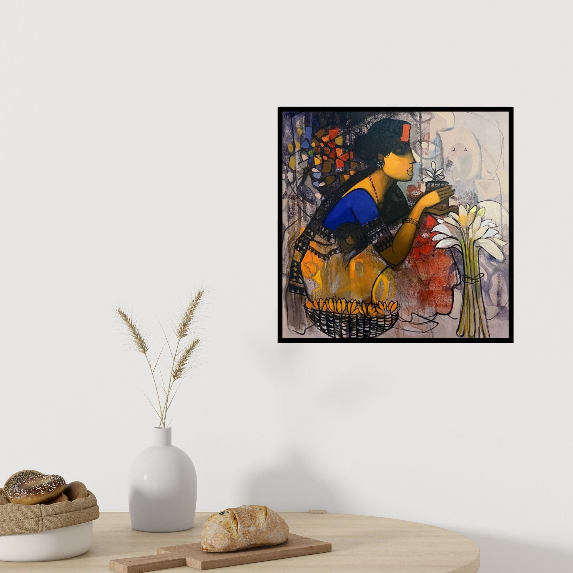 In-situ view of Sachin Sagare's 'Flower Seller 6' painting in a room