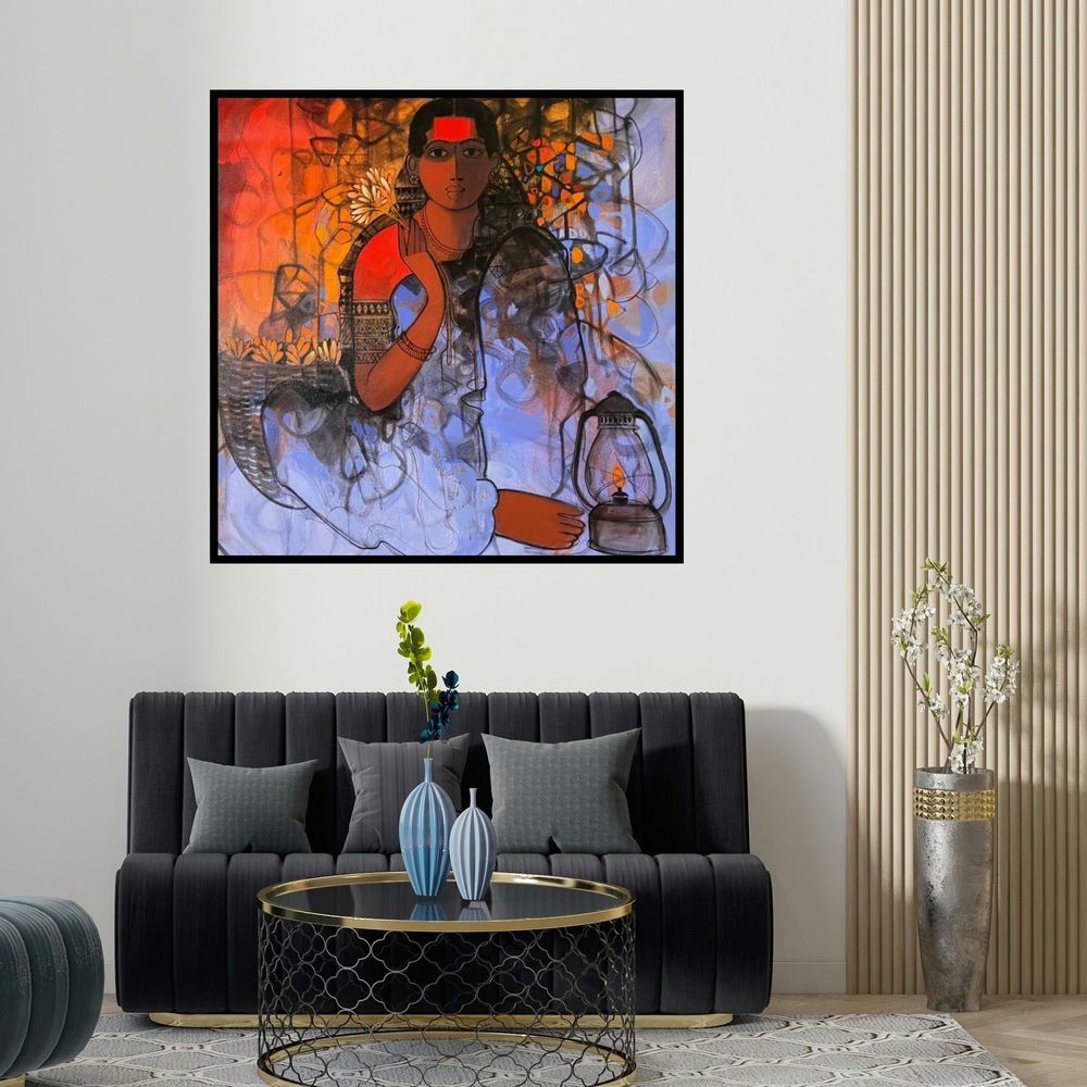 Sachin Sagare's 'Flower Seller 7' painting visualized above a sofa in a contemporary room.