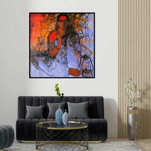 Sachin Sagare's 'Flower Seller 7' painting visualized above a sofa in a contemporary room.