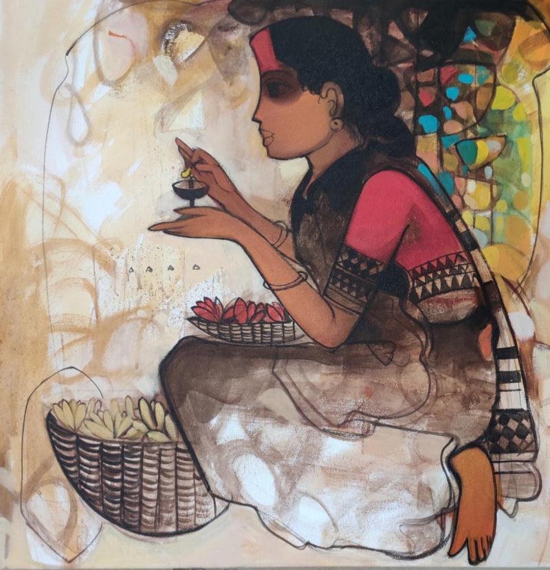 Figurative acrylic painting titled 'Flower Seller 7', 24x24 inches, by artist Sachin Sagare on Canvas