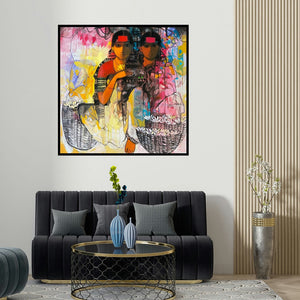 Sachin Sagare's 'Flower Seller 8' painting visualized above a sofa in a contemporary room.