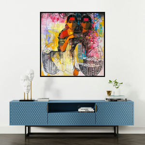 'Flower Seller 8' painting by Sachin Sagare shown on a wall in a furnished room.