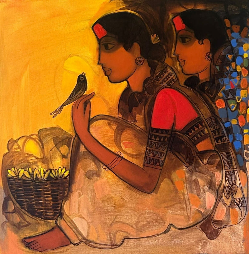 Flower Seller 9' figurative acrylic painting by artist Sachin Sagare, 24x24 inch, on canvas
