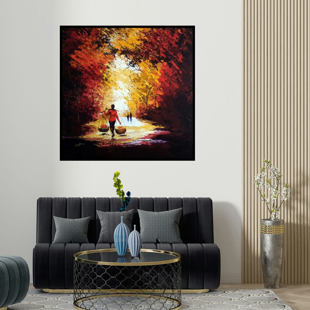 Ganesh Panda's 'Flower Seller' painting visualized above a sofa in a contemporary room.