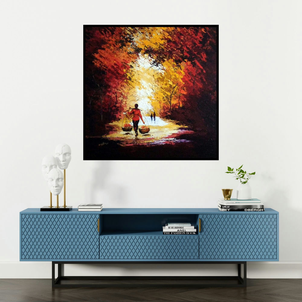 'Flower Seller' painting by Ganesh Panda shown on a wall in a furnished room.