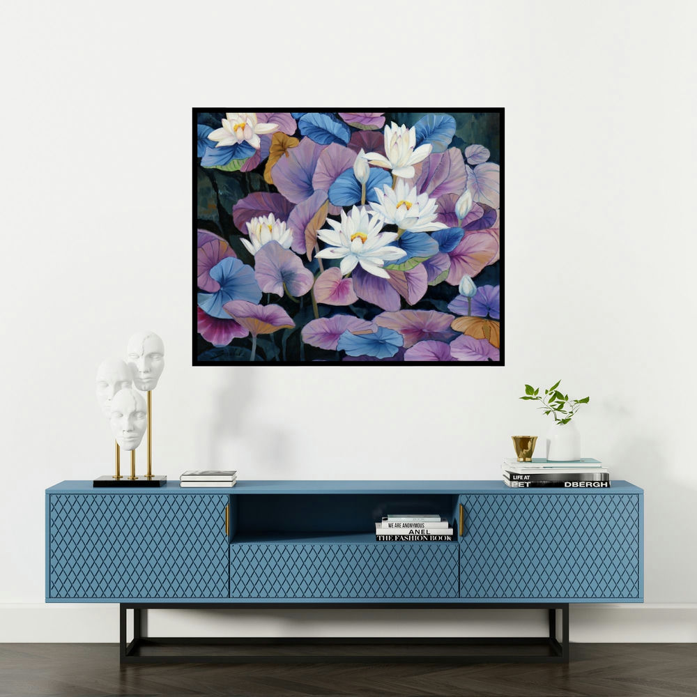 Sulakshana Dharmadhikari's 'Flower Series 13 36X30' painting visualized above a sofa in a contemporary room.