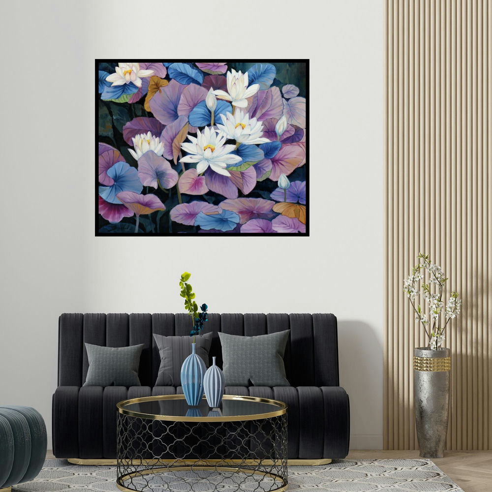 'Flower Series 13 36X30' painting by Sulakshana Dharmadhikari shown on a wall in a furnished room.