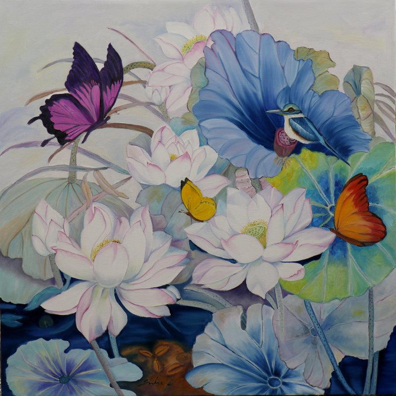 Nature oil painting titled 'Flower With Birds Butterfly 3', 30x30 inches, by artist Sulakshana Dharmadhikari on Canvas