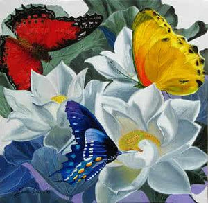 Nature oil painting titled 'Flower With Butterfly 1', 36x36 inches, by artist Sulakshana Dharmadhikari on Canvas