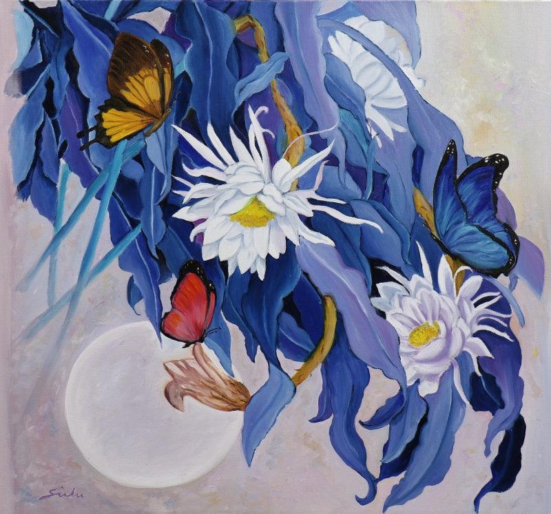 Landscape oil painting titled 'Flower With Butterfly 10', 30x30 inches, by artist Sulakshana Dharmadhikari on Canvas