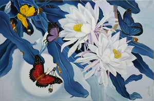 Landscape oil painting titled 'Flower With Butterfly 11', 36x24 inches, by artist Sulakshana Dharmadhikari on Canvas