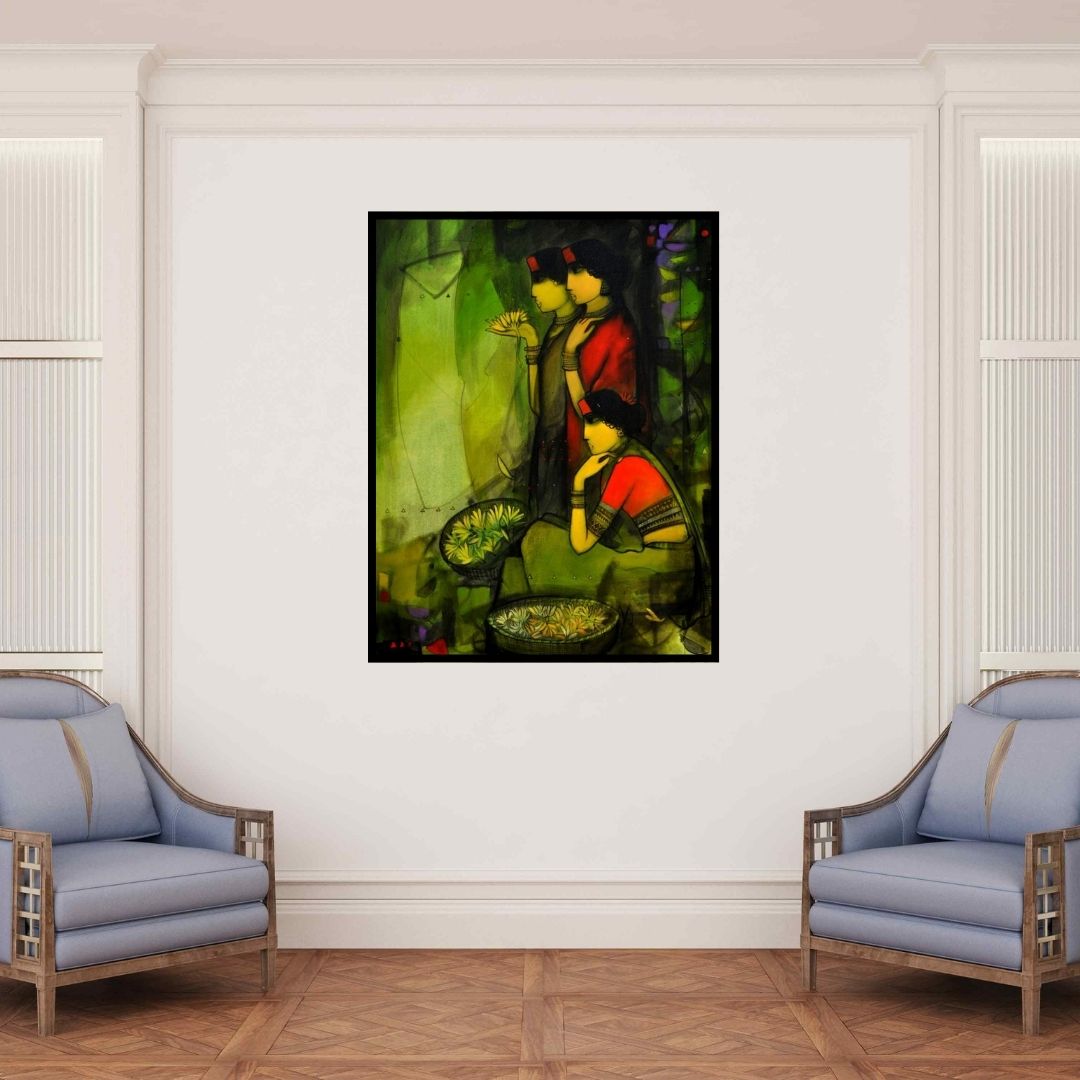 In-situ view of Sachin Sagare's 'Flower Women' painting in a room