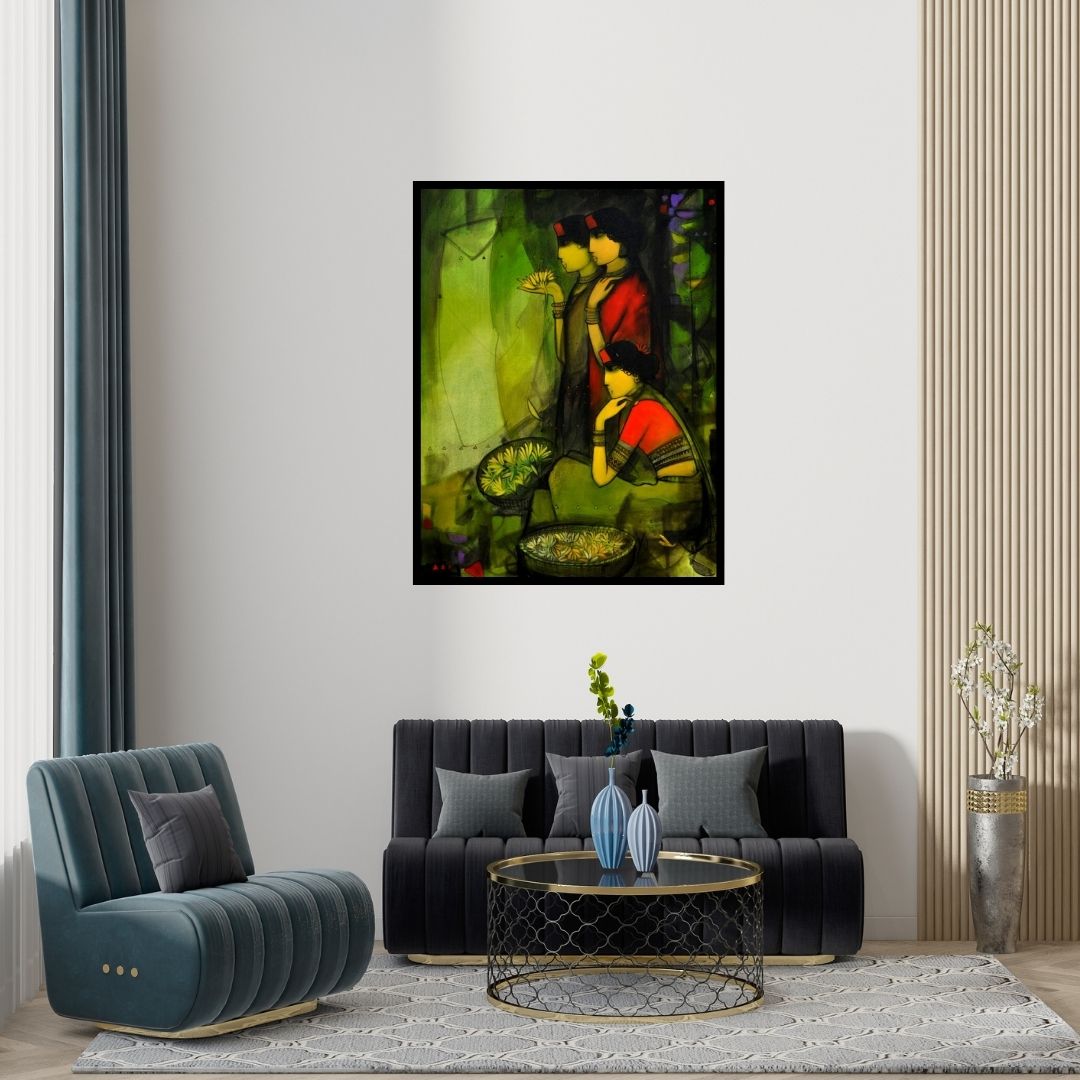 Preview of 'Flower Women' Painting by Sachin Sagare shown on a wall in a furnished room.