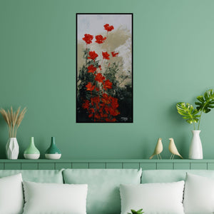 Preview of 'Flowers 1 (Crimson Bloom)' Painting by Mopasang Valath shown on a wall in a furnished room.