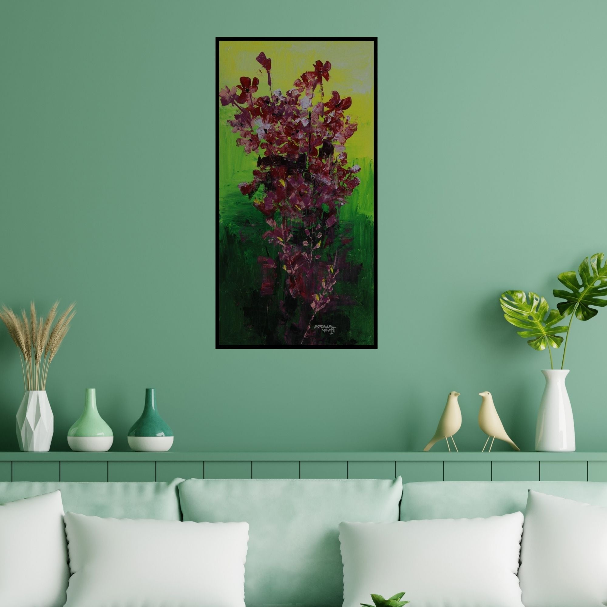 Preview of 'Flowers 13 (Verdant Harmony)' Painting by Mopasang Valath shown on a wall in a furnished room.