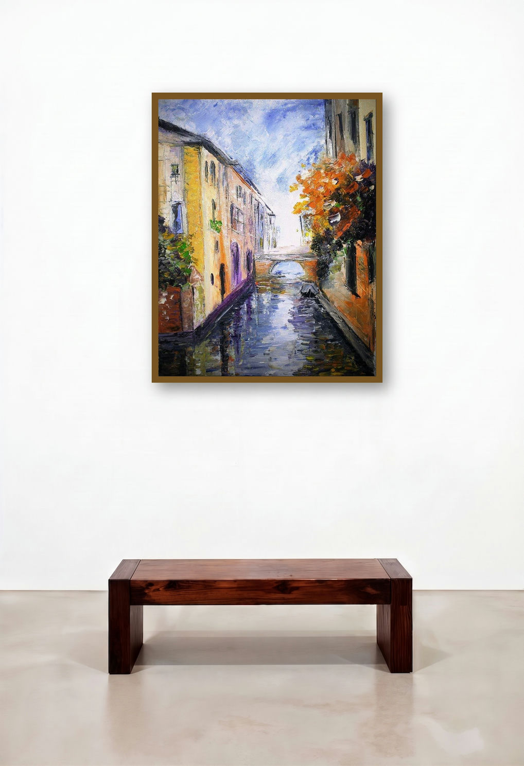 Flowers by artist The Waterway (Serene Canalside Blooms) by artist Kiran Bableshwar displayed in a Urban Loft Reception Area