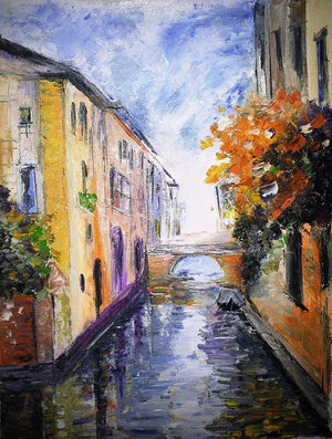 Flowers By The Waterway (Serene Canalside Blooms) by Kiran Bableshwar, Original Oil Impressionist Painting on Canvas, X-Small Vertical Wall Art