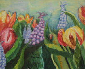 Flowers In Wild by Krupa Shah, Original Oil Nature Painting on Canvas, Small Horizontal Wall Art