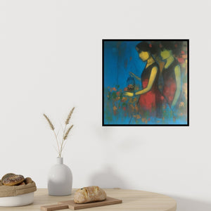 In-situ view of Sachin Sagare's 'Flowery Path (Sisters)' painting in a room