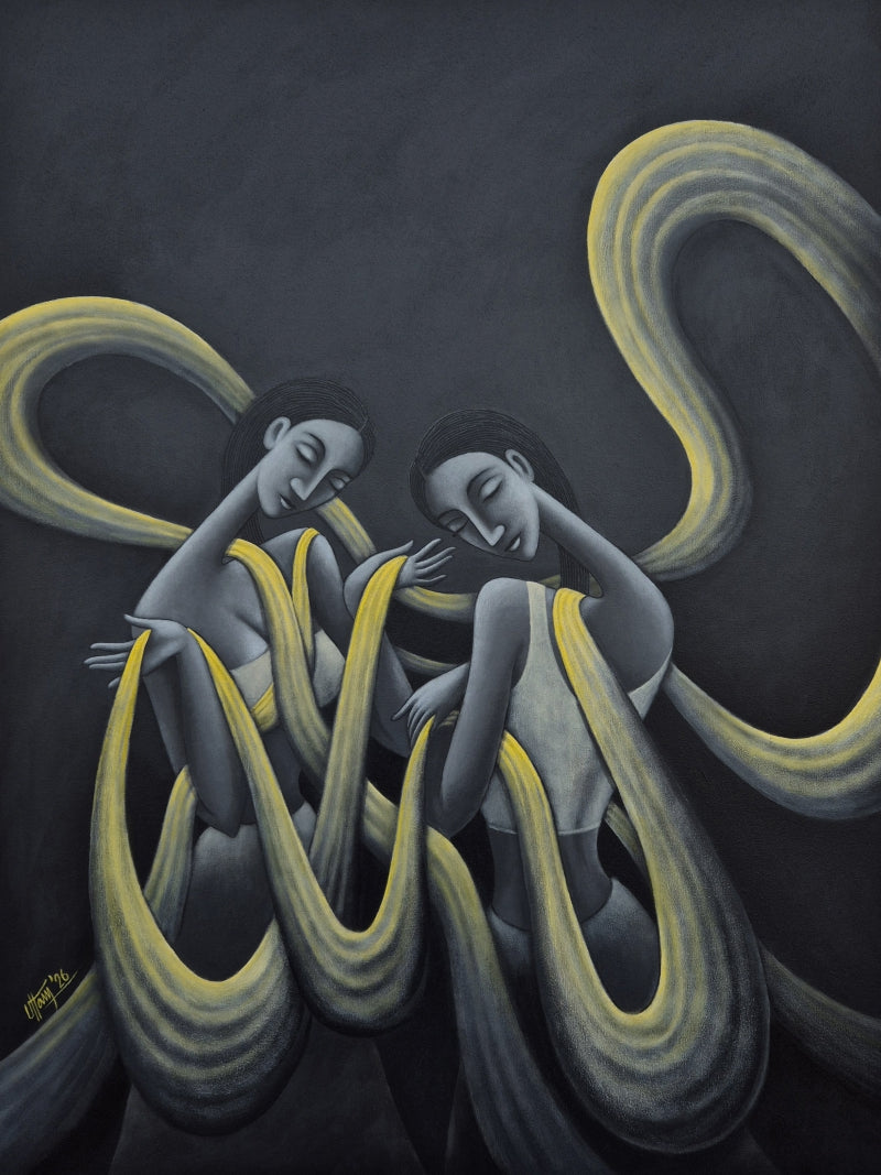 'Flowing Dreams 2' figurative acrylic painting by artist Uttam Bhattacharya, 40x30 inch, on canvas