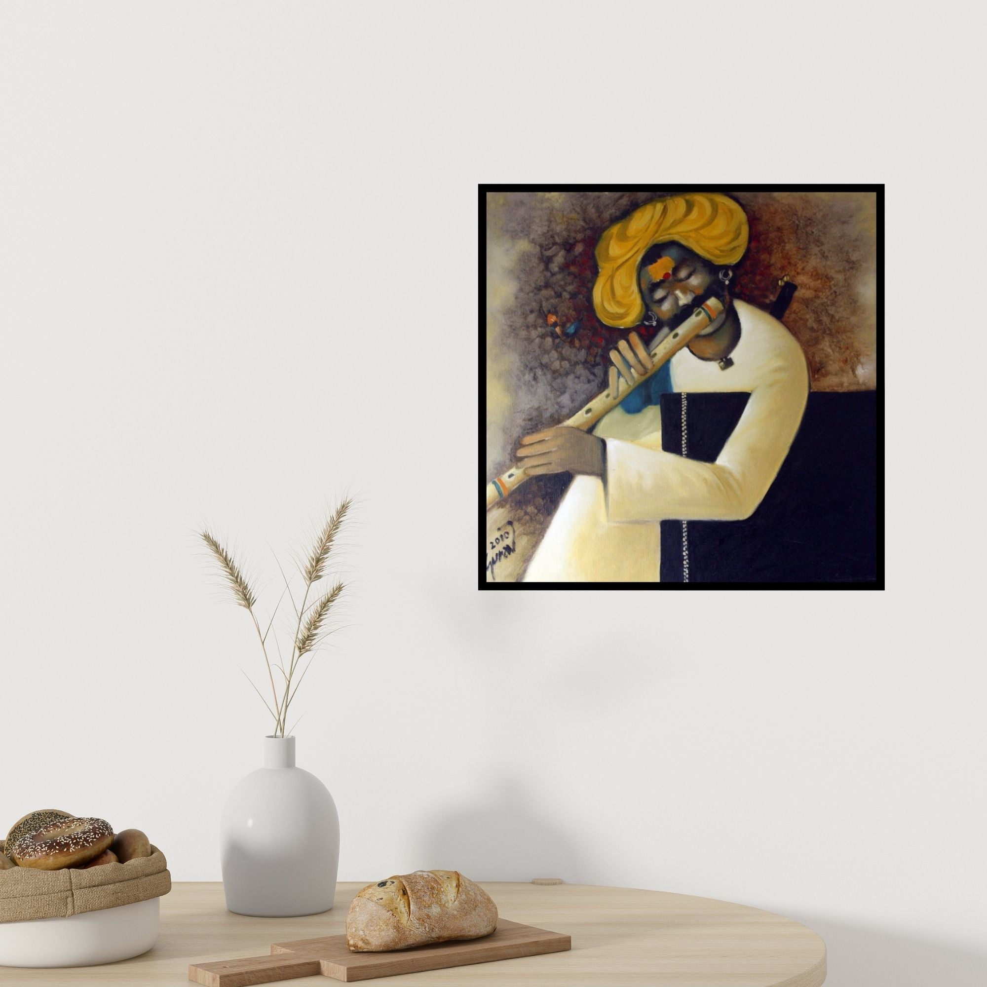 In-situ view of Raosaheb Gurav's 'Flute Ii (Melodies of Rural Life)' painting in a room