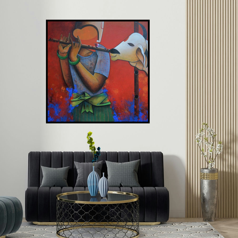 Anupam Pal's 'Flute Of Life' painting visualized above a sofa in a contemporary room.