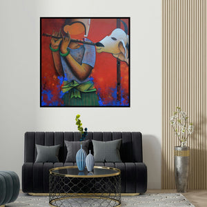 Anupam Pal's 'Flute Of Life' painting visualized above a sofa in a contemporary room.