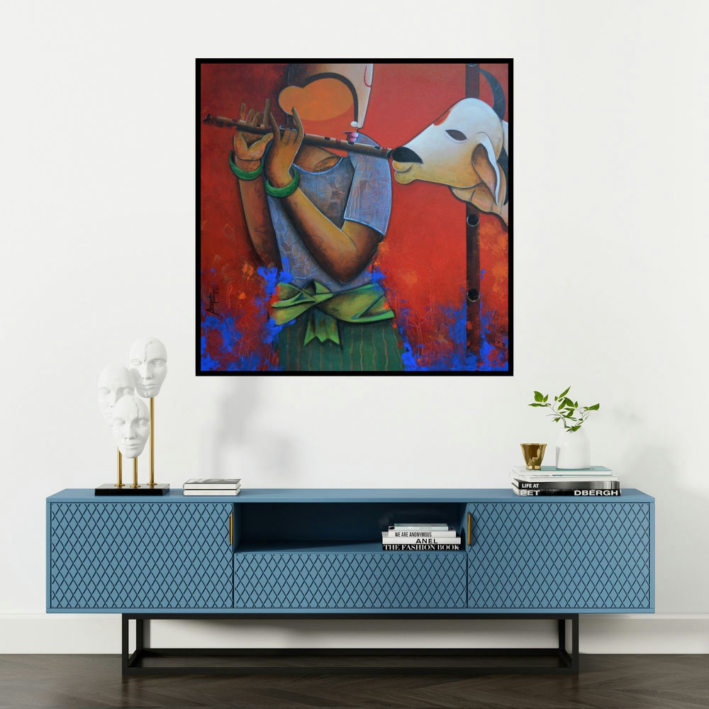 'Flute Of Life' painting by Anupam Pal shown on a wall in a furnished room.