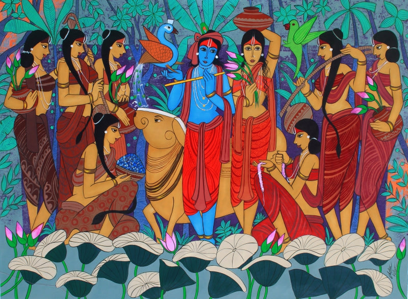 The Flutist' religious acrylic painting by artist Chetan Katigar, 52x70 inch, on canvas