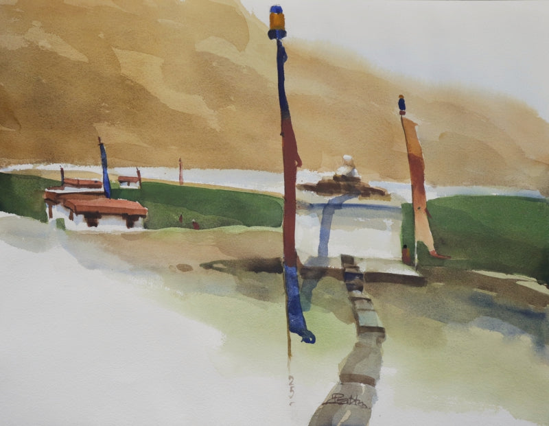 'Fluttering Heritage' landscape watercolor painting by artist Prashant Prabhu, 18x24 inch, on archival paper