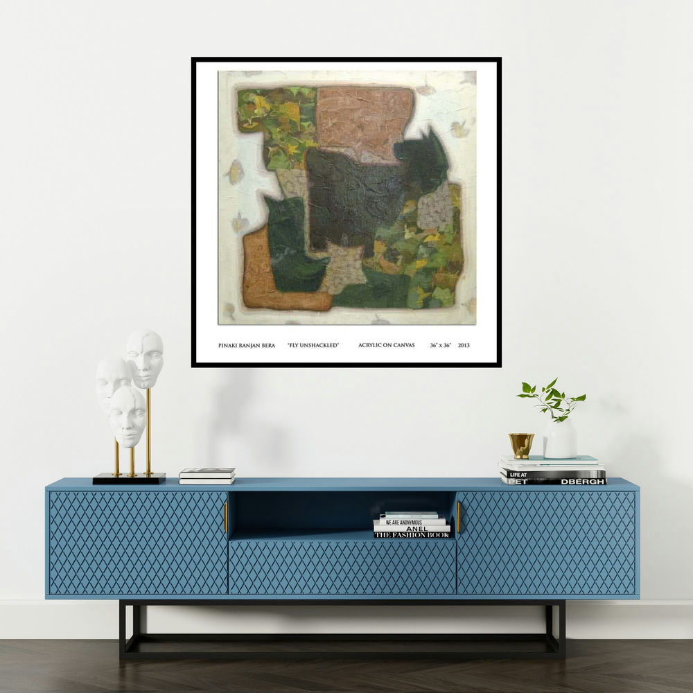 'Fly Unshackled (Liberations Palette: A Dance of Freedom)' painting by Pinaki Ranjan Bera shown on a wall in a furnished room.