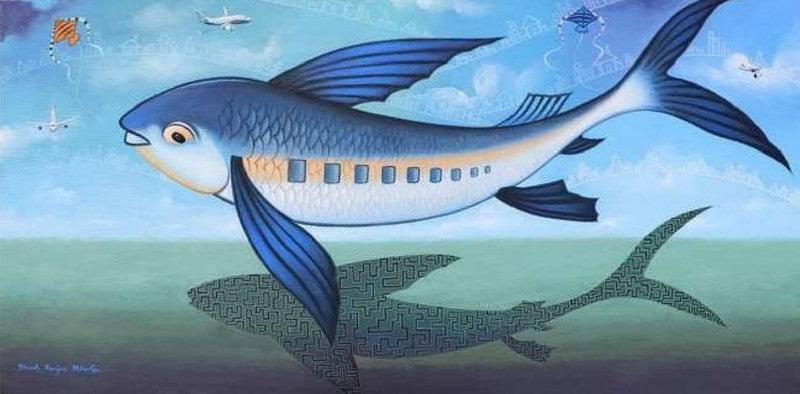 Animals acrylic painting titled 'Flying Fish', 30x60 inches, by artist Bikash Mohanta on Canvas