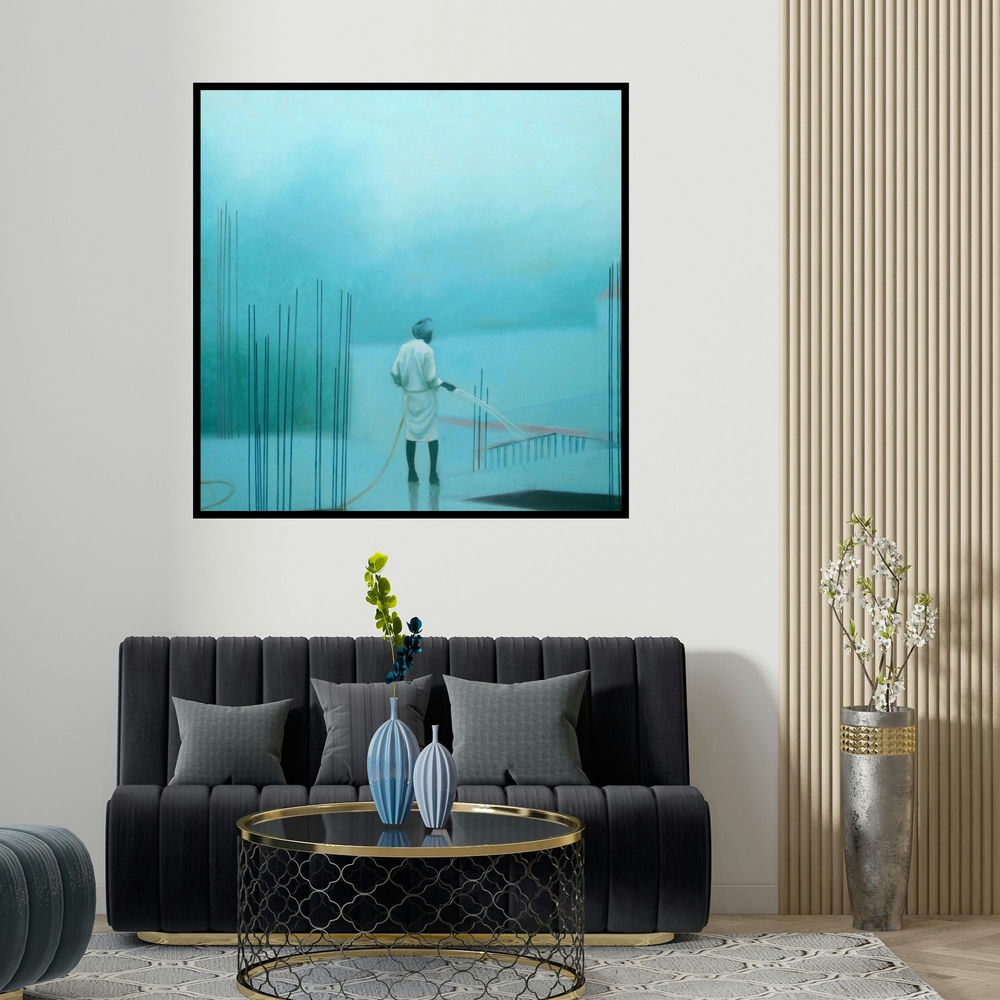 Vinayak Takalkar's 'Foggy' painting visualized above a sofa in a contemporary room.