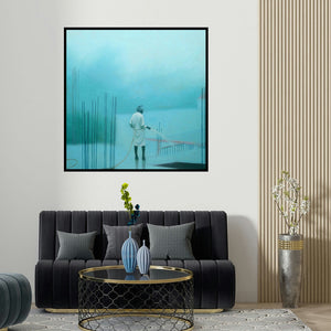 Vinayak Takalkar's 'Foggy' painting visualized above a sofa in a contemporary room.