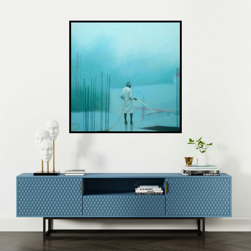 'Foggy' painting by Vinayak Takalkar shown on a wall in a furnished room.